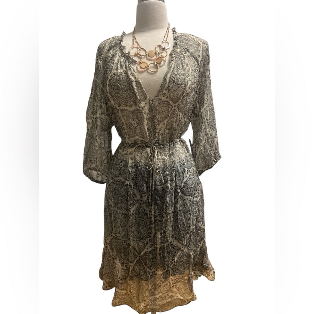 NWT - ELLA MOSS- Sheer 100% Silk Black and Cream Paisley Dress
